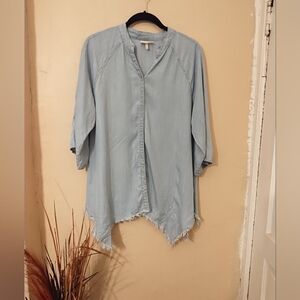 Hester And Orchard Light Blue Women's Button Up 100% Tencil Raw Hem Top Size L